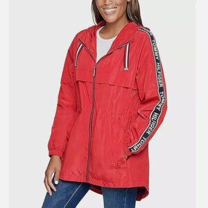 Tommy Hilfiger Ladies' Long Windbreaker Jacket Size Large Red Spell Out Logo